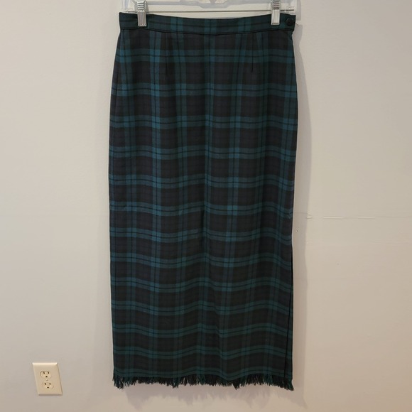 Vintage Rafaella Wool Maxi Skirt Tartan Plaid Fringe Hem‎ Pencil Women's Size 6 - Picture 1 of 9
